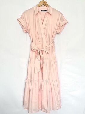 Lauren Ralph Lauren Tiered Midi Dress Cottage Preppy Stretch Cotton Size 6 Pink